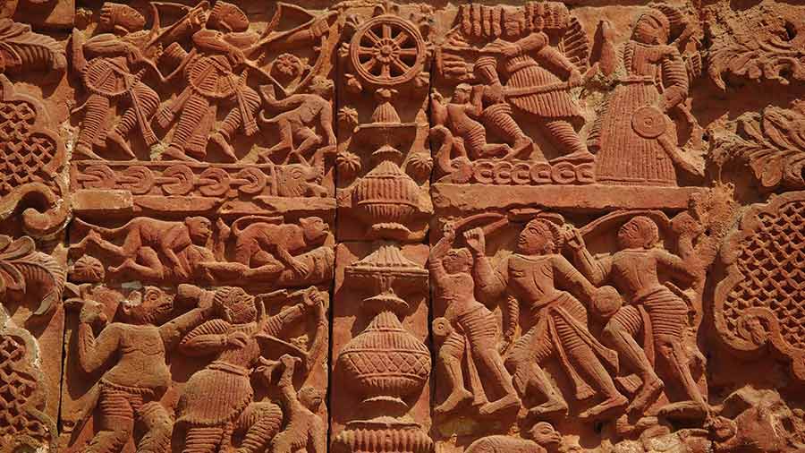 A terracotta panel depicting a scene from the Ramayana
