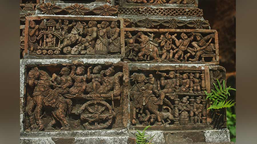 The base panels of the Damodar Jiu temple of the Mondal family at Jhikira