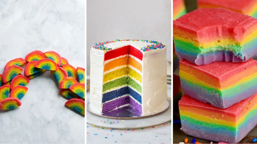 (L-R) Rainbow cookies, rainbow layer cake and rainbow fudge 