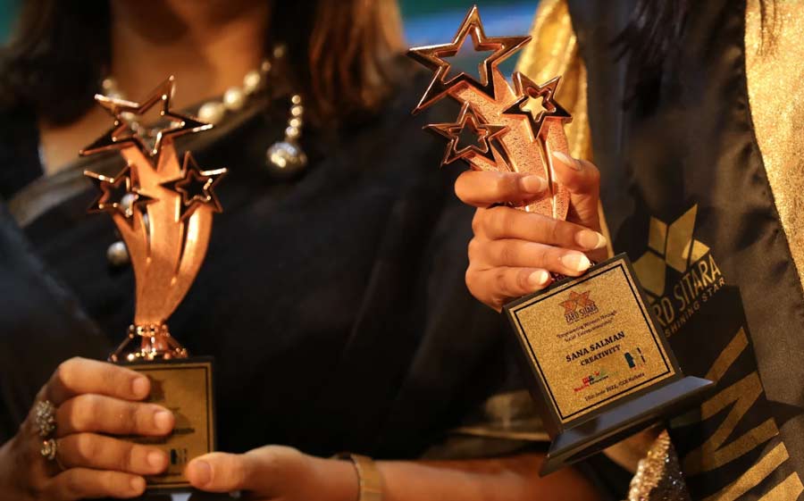 A close-up of the glittering trophies that were awarded on the occasion.