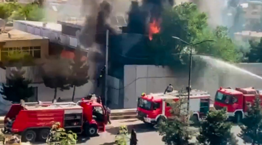 Fire tenders at the site of explosion at a Gurudwara, in Kabul, Saturday, Jun 18, 2022. Two people have died and several trapped in the Gurdwara after two blasts rocked the city this morning.