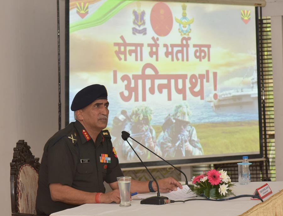 Lt General K. K. Repswal holds a press brief regarding ‘Agnipath’, the Union government’s new recruitment scheme for the Armed Forces, at Fort William on Wednesday, June 15.