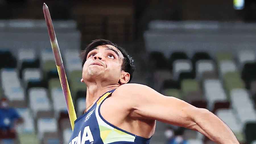 Neeraj Chopra at the Kuortane Games in Finland on Saturday. The Olympics champion won gold with his  first throw of 86.69m. 