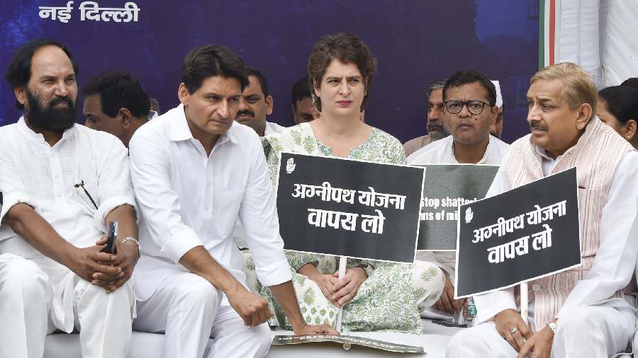 AICC General Secretary Priyanka Gandhi along with party leaders N. Uttam Kumar Reddy, Deepender Hooda and others sits on Satyagraha against the Central governments Agnipath scheme, at Jantar Mantar in New Delhi