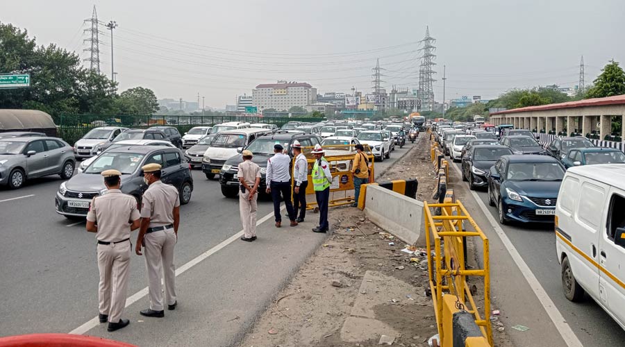 Police personnel check vehicles ahead of the Congress protest, in Gurugram, Monday, June 20, 2022. Congress leaders will protest against the Centres Agnipath scheme and alleged vendetta politics in targeting Rahul Gandhi. 