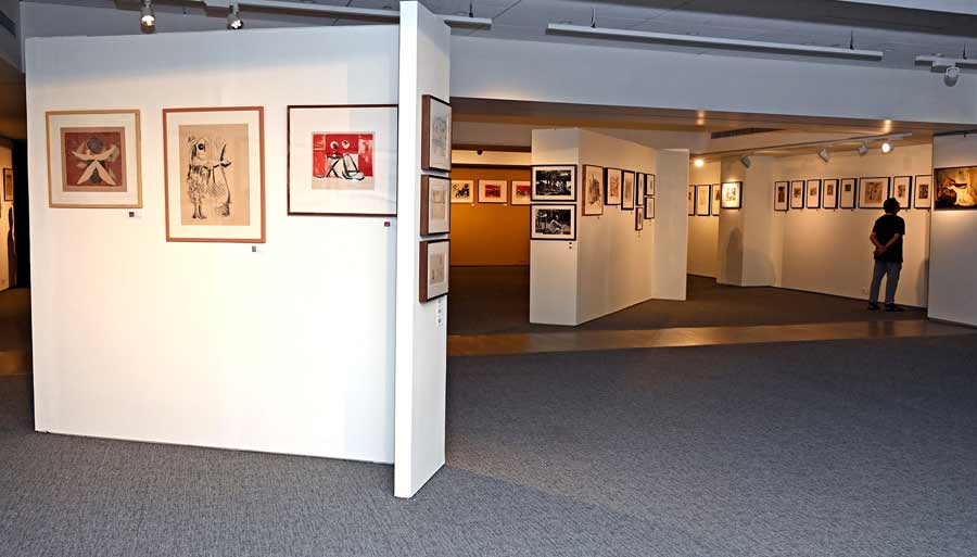 A view of Somnath Hore’s artworks including intaglio prints, etchings, drawings, paintings and sketches at the exhibition gallery. 
