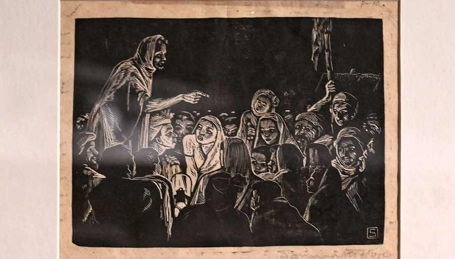 One of the Somnath Hore's most famous woodcut prints titled Ratey Khuli Baithak from 1946. 