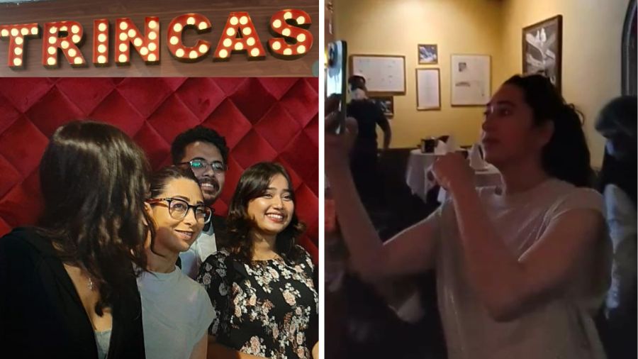 Karisma Kapoor poses with the band at Trincas and (right) clicks a selfie 