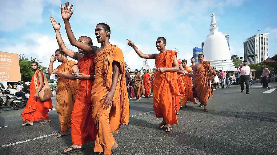Buddhist monks demand President Gotabaya Rajapaksa’s resignation in Colombo on Monday. 
