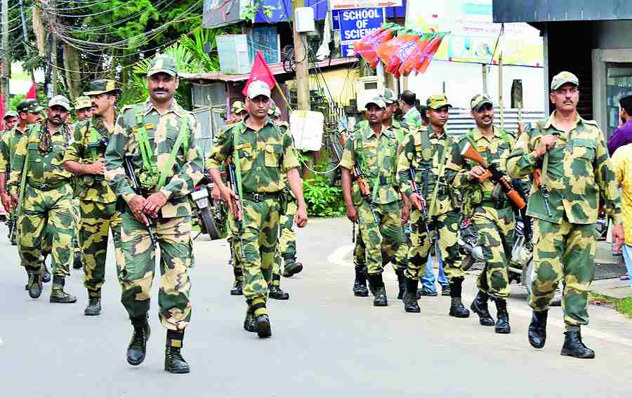 Security personnel patrol Agartala on Monday, ahead of the Assembly bypoll.