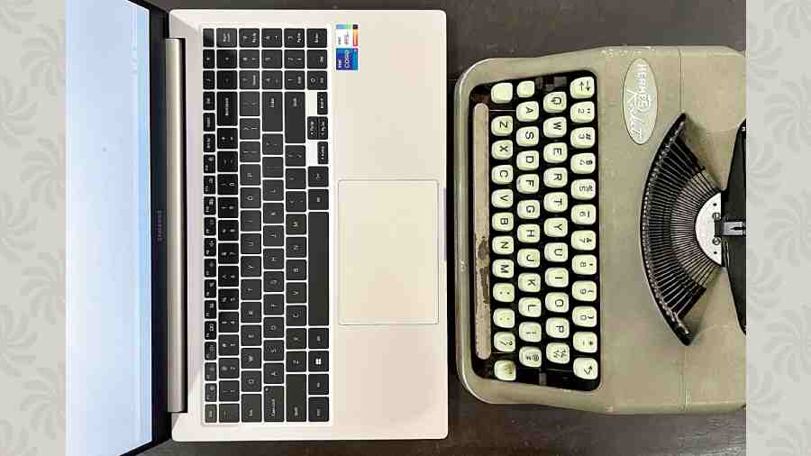 The full-size keyboard has zero flex and is comfortable to type on