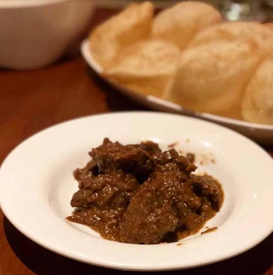 OH! CALCUTTA: Rich, charred and caramelised — these are the words that come to mind when one thinks of Oh! Calcutta’s kosha mangsho. The gravy is thick and full-flavoured, and the meat is fall-of-the-bone tender. Use a piping hot luchi to wrap it in and make the perfect morsel.