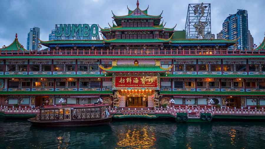 This file photo taken on June 2, 2022 shows the Jumbo Floating Restaurant located in the typhoon shelter near Aberdeen on the south side of Hong Kong island