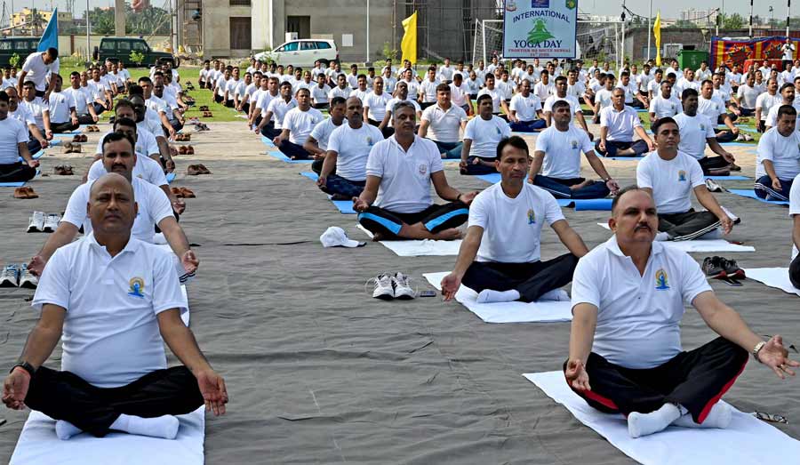 Border Security Force personnel attend a yoga session on Tuesday.
