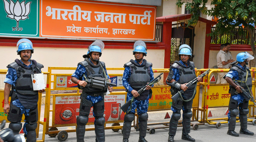 RAF personnel stand guard in Ranchi on Saturday.
