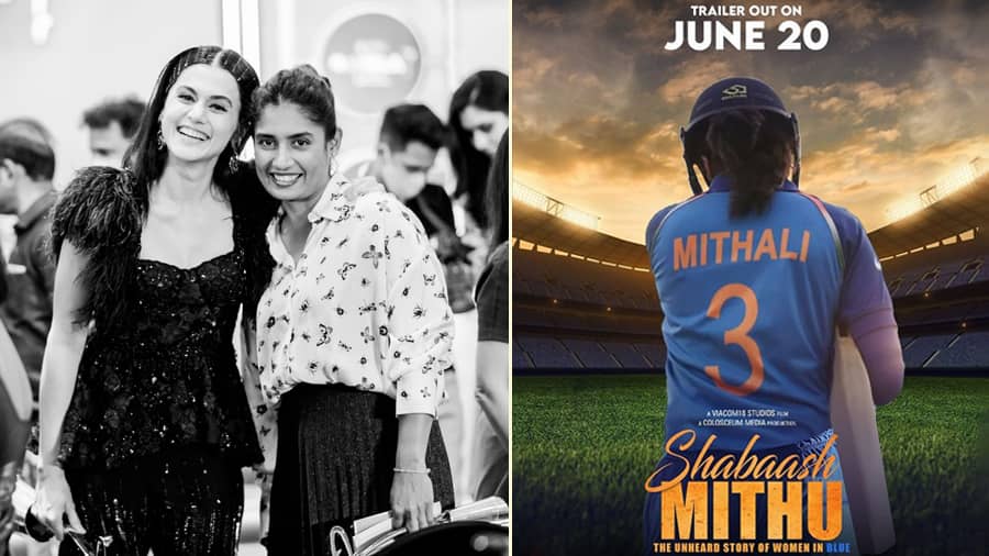 Taapsee with Mithali Raj (L) and in ‘Shabaash Mithu’ (R)