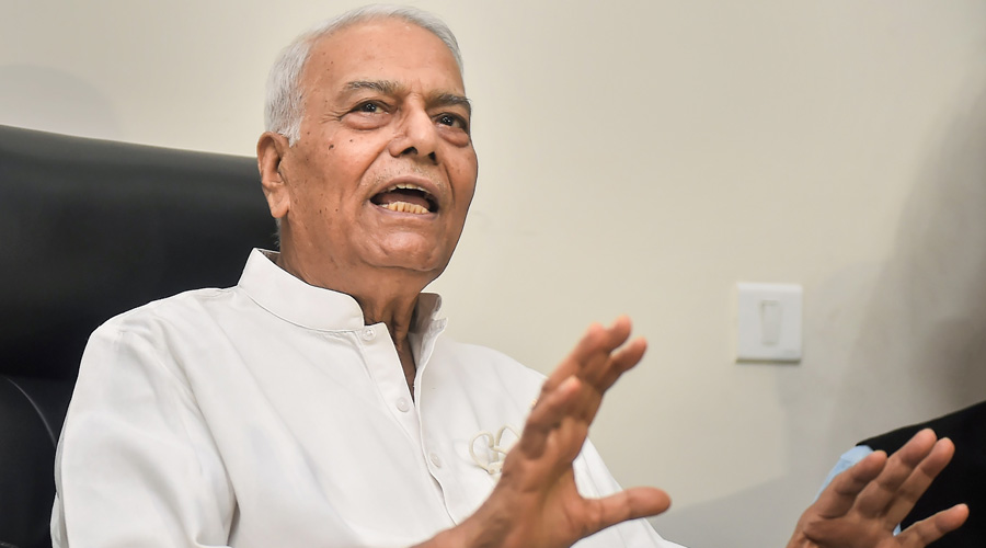 Former union minister Yashwant Sinha addresses a press conference in New Delhi.