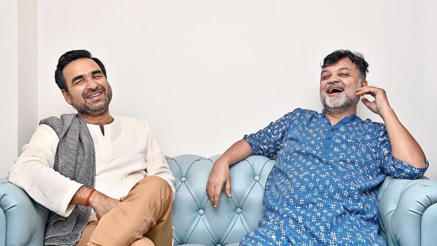 Pankaj Tripathi (left) and Srijit Mukherji share a laugh at Taj Bengal on Monday afternoon
