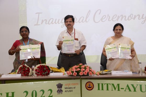 (L-R) Manoj Nesari, adviser, Ministry of Ayush; Tanuja Nesari, director, AII India Institute of Ayurveda; and Meenakumari, director, NationaI Institute of Siddha, at AYURTECH 2022. 