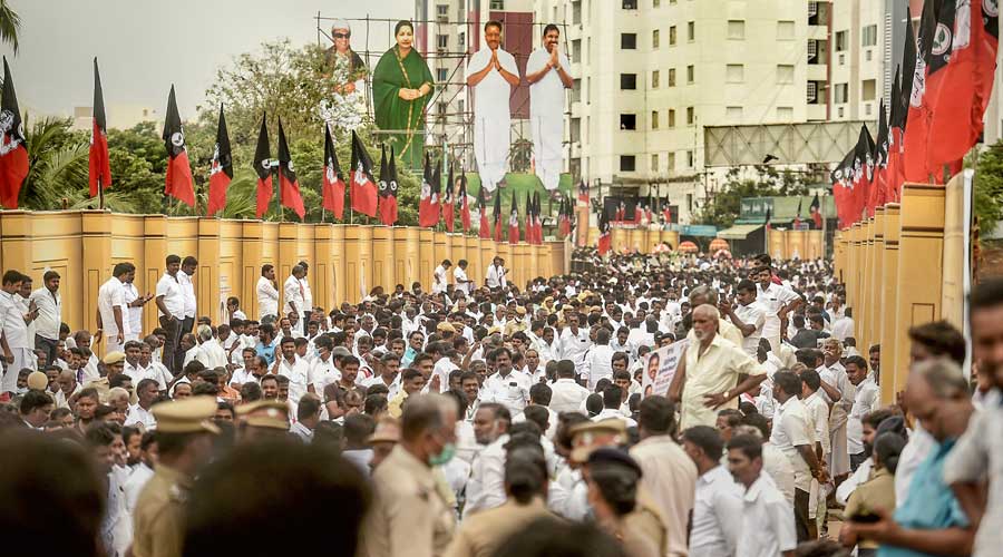 AIADMK supporters assemble in front of the venue of partys General Council Meeting in Chennai.