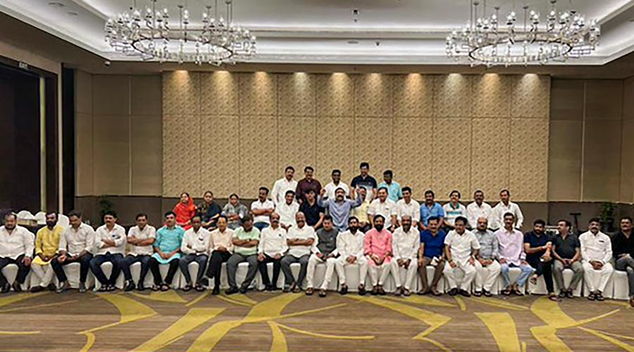 Rebel Shiv Sena MLA Eknath Shinde with 42 other MLAs at a hotel in Guwahati.