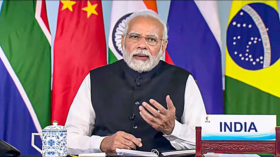 Prime Minister Narendra Modi addresses the BRICS Summit through a video conference, in New Delhi.