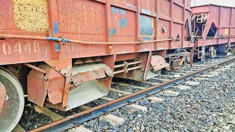 The derailed wheels of the goods train at Salbari station in Jalpaiguri district  on Thursday afternoon. 