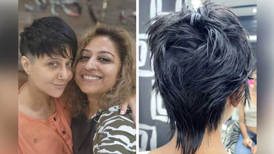 Jolly Chanda poses with Swastika Mukherjee; a Tokyo-inspired textured pixie cut, styled by Jolly