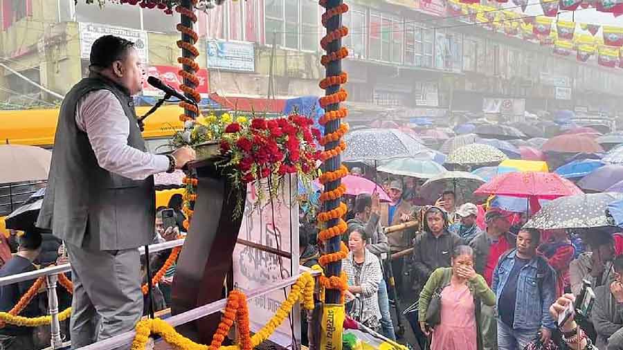 Bharatiya Gorkha Prakjatantrik Morcha chief Anit Thapa at a public meeting in Motor Stand of Darjeeling on the final day of the campaign for the GTA polls on Friday 