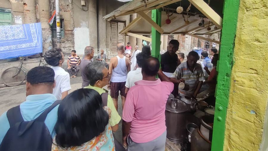 The crowd at Tapan da’s tea shop