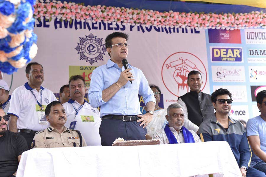 BCCI president Sourav Ganguly speaks at a Kolkata police event in the Park Street area on Monday, June 20.