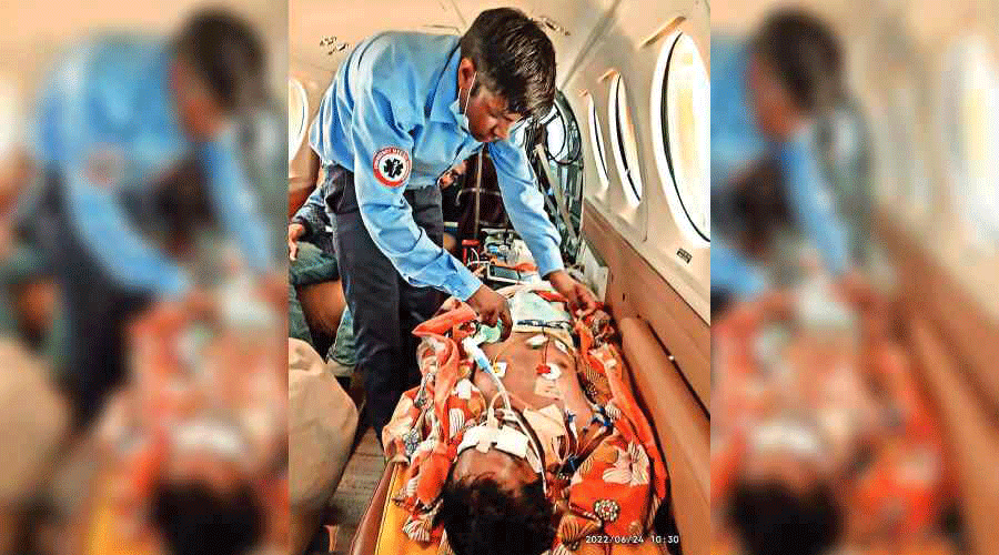 Nadim Alam being taken in the air-ambulance from Ranchi.