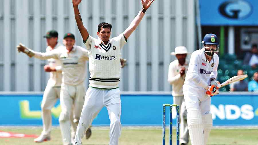 Navdeep Saini playing for Leicestershire on Day III of India’s practice match on Saturday. 