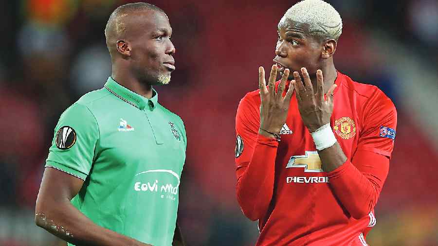 ATK Mohun Bagan’s new signing Florentin Pogba (left) and younger brother Paul Pogba during an Europa League match between Manchester United and AS Saint-Etienne at Old Trafford in February 2017. 