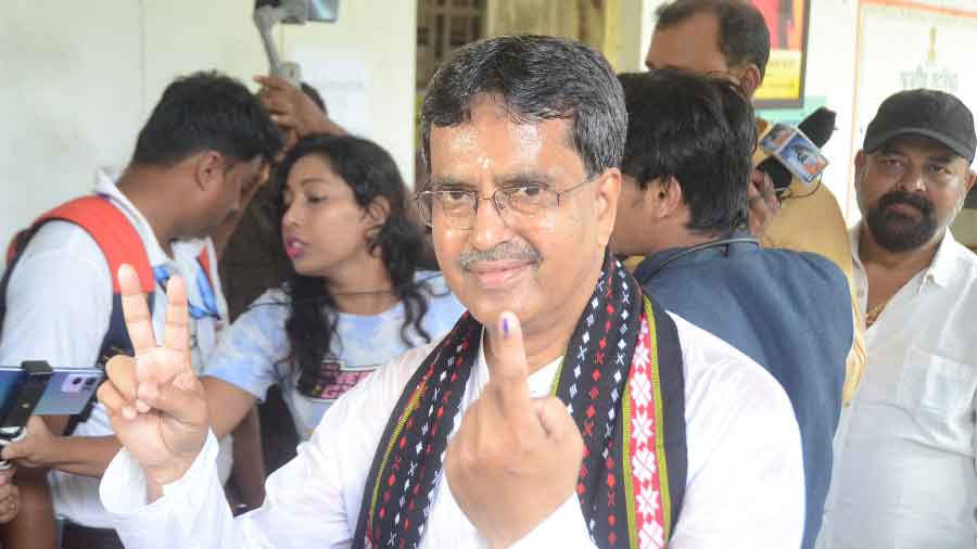 Tripura Chief Minister Manik Saha after casting his vote at a polling station during Assembly by-elections in Agartala, June 23