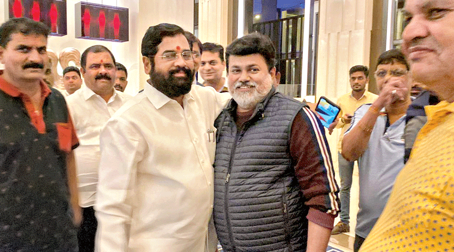 Maharashtra minister and Shiv Sena leader Uday Samant with Eknath Shinde at Radisson Blu Hotel in Guwahati on Sunday. 