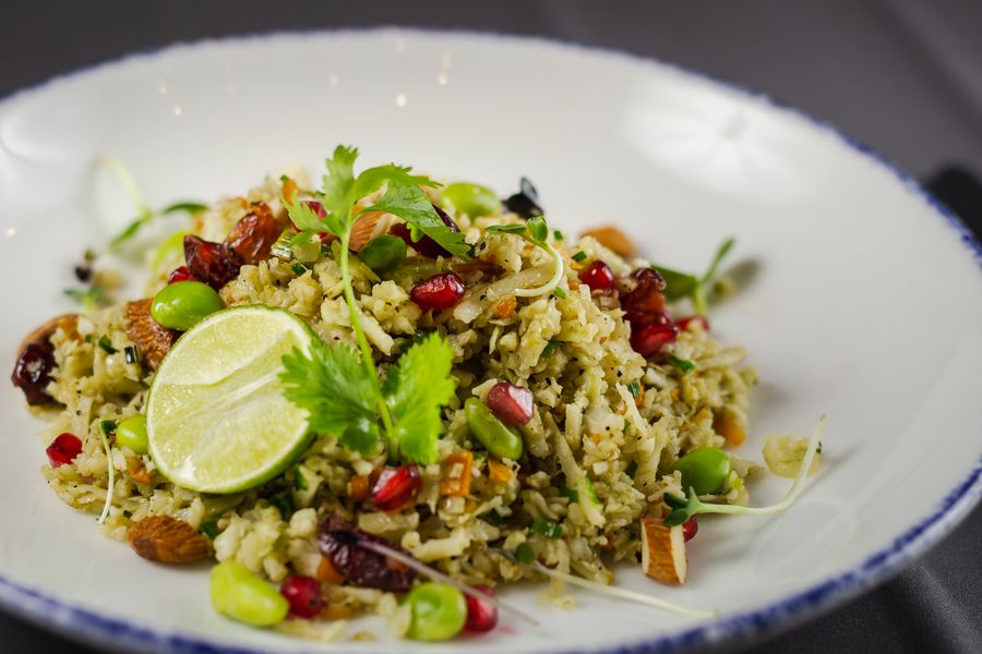 Cauliflower Rice, Carrot, Celery and Dried Cranberry from Indigo Delicatessen: This delightful, low-calorie number has grated cauliflower, which mimics the texture of rice. The carrots and celery add a crunch, the dried cranberries add sweetness and the pomegranate adds a delicate tartness