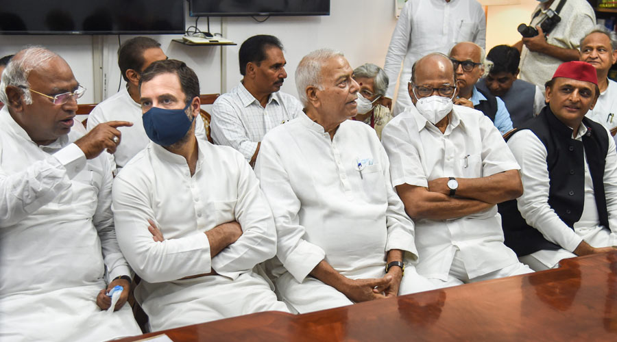 Opposition candidate Yashwant Sinha with NCP Chief Sharad Pawar, Congress leaders Rahul Gandhi & Mallikarjun Kharge, and SP leader Akhilesh Yadav during the filing of his nomination papers for presidential election, at Parliament House in New Delhi.