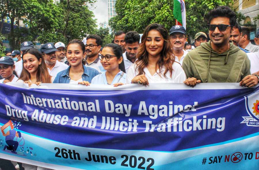 Actors and actresses from the Bengali film industry take part in a rally on International Day Against Drug Abuse and Illicit Trafficking on Sunday.