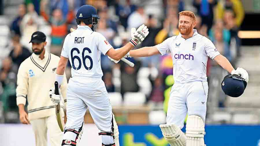 Bairstow and Joe Root celebrate their series victory over New Zealand after winning the third Test at Headingley in Leeds on Monday.