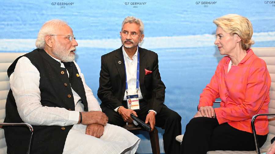  Prime Minister Narendra Modi interacts with President of European Commission Ursula von der Leyen during a meeting on the sidelines of G-7 Summit, in Germany. External Affairs Minister S. Jaishankar is also seen.