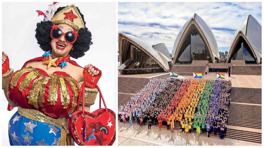 (L-R) My Oxford Street guide was The Fabulous Wonder Mama, one of Sydney’s best-known ‘glambassadors’ of the LGBTQIA+ community; The giant human Progress Flag on the steps of the iconic Sydney Opera House last week.