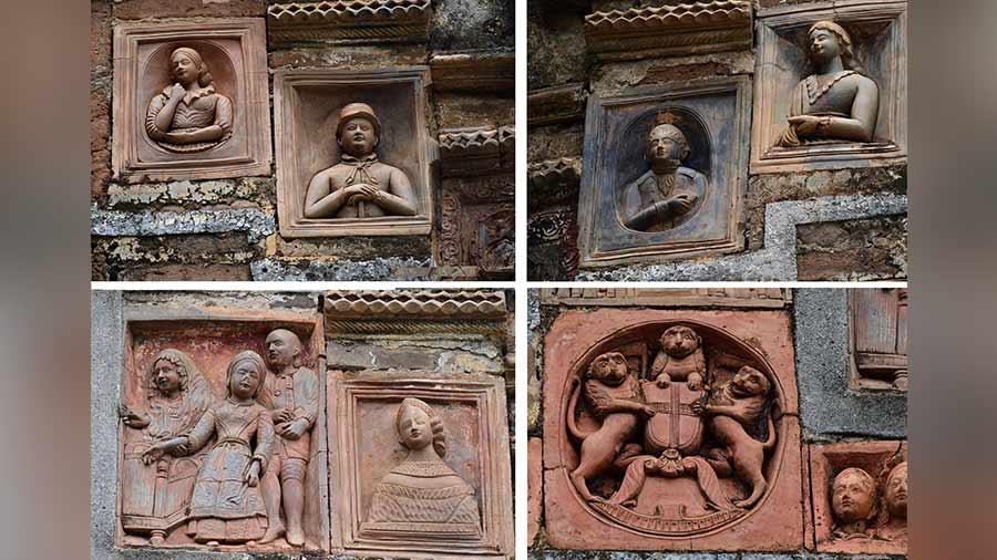 The terracotta panels at Chandranath Shiva Temple with European figurines and a British coat of arms
