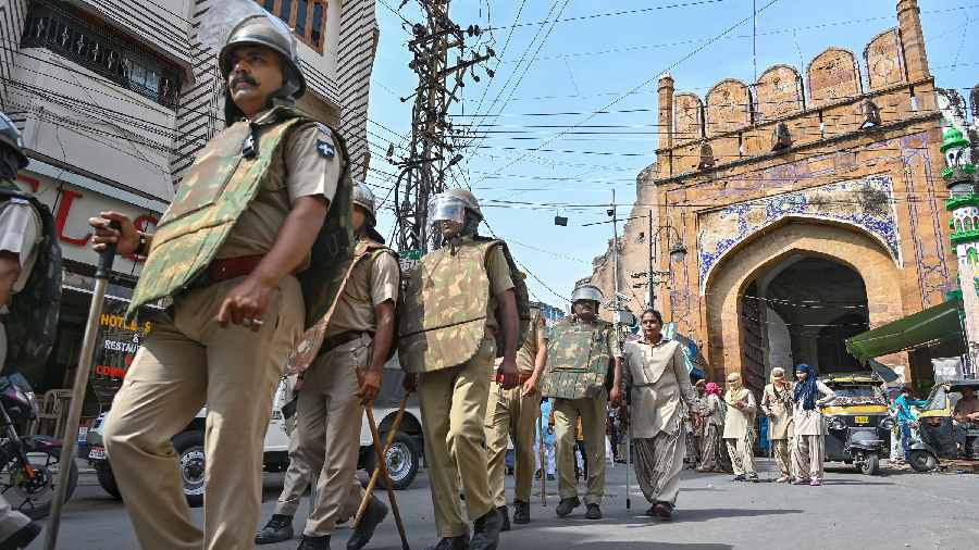 Police personnel patrol as security has been beefed up in Ajmer, Wednesday, June 29, 2022, a day after murder of a tailor in Udaipur for allegedly posting a social media statement in favour of suspended BJP spokesperson Nupur Sharma.
