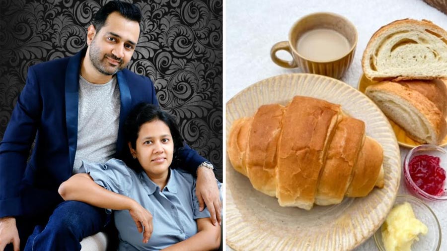L-R: Punit and Megha Ghai of Bake Me Good; the brand’s croissants 
