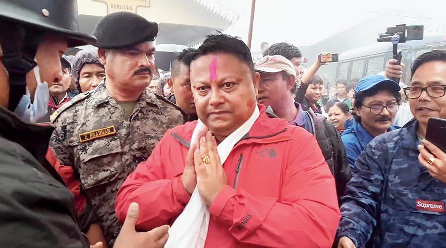 BGPM president Anit Thapa thanks his supporters in Kurseong on Wednesday after his party won the GTA Sabha polls.