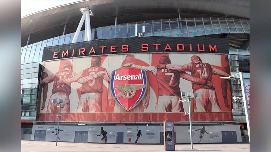 A decorated wall of fame outside Arsenal’s Emirates Stadium.