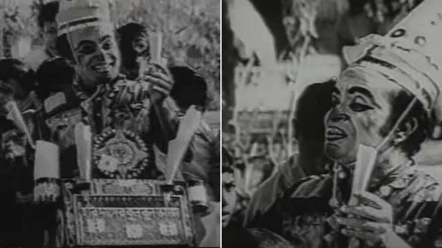 The 'Haridaser bulbul bhaja' song sequence starring Rabi Ghosh in 'Shriman Prithviraj'