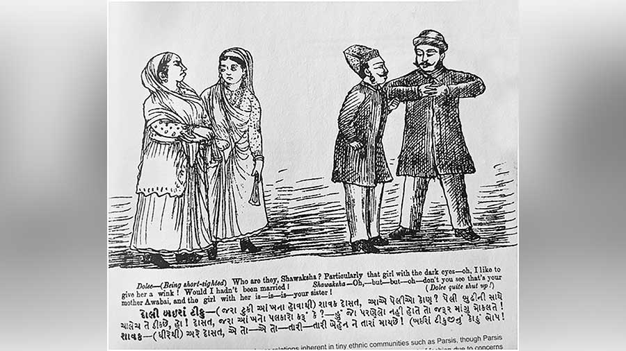 An illustration from 'Parsi Punch' — the ladies are dressed in saris with a long sudreh showing, and their heads are covered, the men are wearing long coats and white pants with black headgear