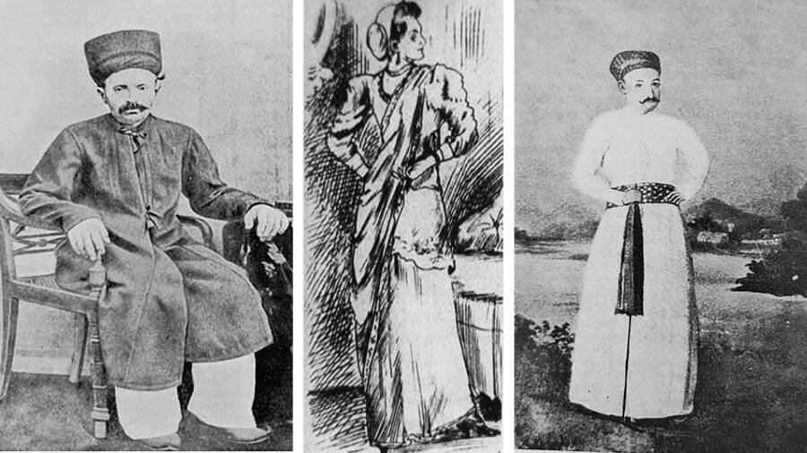 L-R: The long coat and white pant worn outside the house in 1800s; A Parsi woman in traditional sari and mathabana and long sudreh; The formal traditional dress